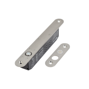 Cerradura de Perno Eléctrica / Diseño Estrecho para Perfiles Delgados / Temporizador 10 s / Buzzer y LED Bicolor / 12-24 VDC / Sensor de Estado de Puerta