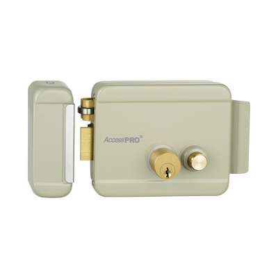Cerradura Eléctrica con Botón de Salida / Doble Cerrojo / 12 VCA 2.5 A / Pulsos de 2 Seg / Exterior Izquierda