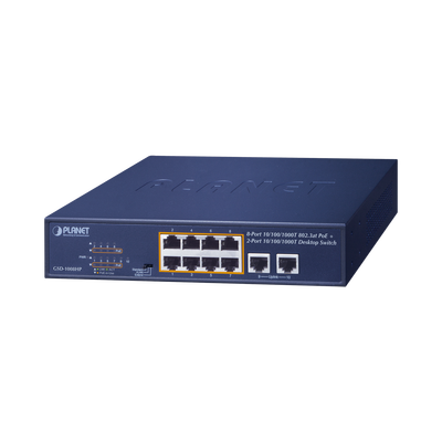 Switch PoE+ / 8 Puertos Gigabit 802.3at / 2 Puertos Uplink / Presupuesto PoE 120 W / Alcance Extendido 250 m (820.2 ft) / Rackeable 1U
