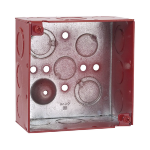 Caja Cuadrada Galvanizada  de 4" /Profundidad de 2 1/8" / Cuenta con 11 KO de 1/2" y 6 TKO (1/2" - 3/4")/ Color Rojo.