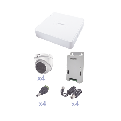 Kit TurboHD con Audio / DVR Pentahíbrido 4 Canales / 4 Cámaras Domo 2.8 mm 102° / Transceptores UTP / Fuente Regulada 12/13.5/15V / Audio Coaxitron 65.6 ft