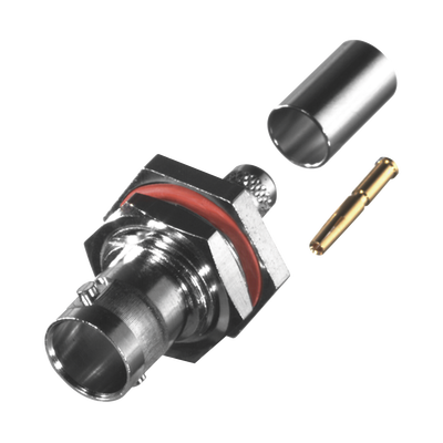 Conector BNC Hembra para Chasis en D-Plano con Aro de Goma, Anillo Plegable para RG-59/U, Grupo D, 75 Ohm, Níquel/ Oro/ Delrin