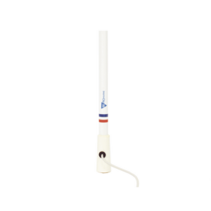 Antena marina VHF en fibra de vidrio en rango de 156 a 163 MHz, Incluye 10 metros de cable y conector PL-259 macho.
