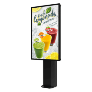 Kiosco exterior para pantalla 55" / IP65 / UL 48 / Base pedestal 8' / Rotación 30° / Diseño ultradelgado