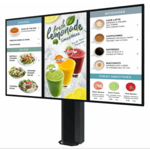 Kiosco digital exterior / 55" / IP65 / UL 48 / Base pedestal 8" / Rotación 30° / 3 pantallas / 1.83 m / Drive-thru