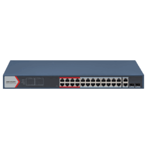 Switch  PoE+ / Monitoreable / 24 Puertos 100 Mbps PoE+ / 2 Puertos 1000 Mbps + 2 Puertos SFP de Uplink (COMBO) / Configuración Nube Hik-Partner Pro / Modo Extendido hasta 300 Metros / 370 Watts