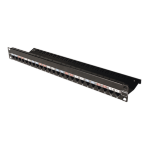 Patch Panel / 24 Puertos / Modular Vacío / Plano / 1UR / Cat 6A Blindado / Acero Negro
