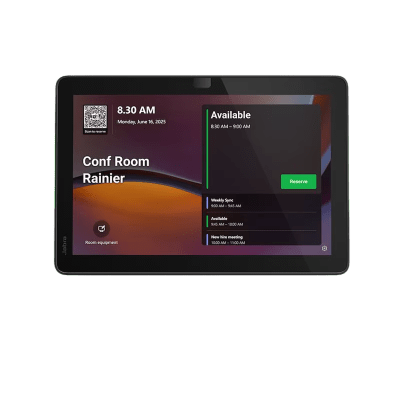 Panel de Programación de Salas / Pantalla Táctil 10.1" / Resolución 1920x1200 / Android 13 / PoE IEEE 802.3af / Wi-Fi 802.11ac / Bluetooth 5.2 / Certificado Microsoft Teams y Zoom Rooms / Barras LED de Disponibilidad / Montaje Flexible
